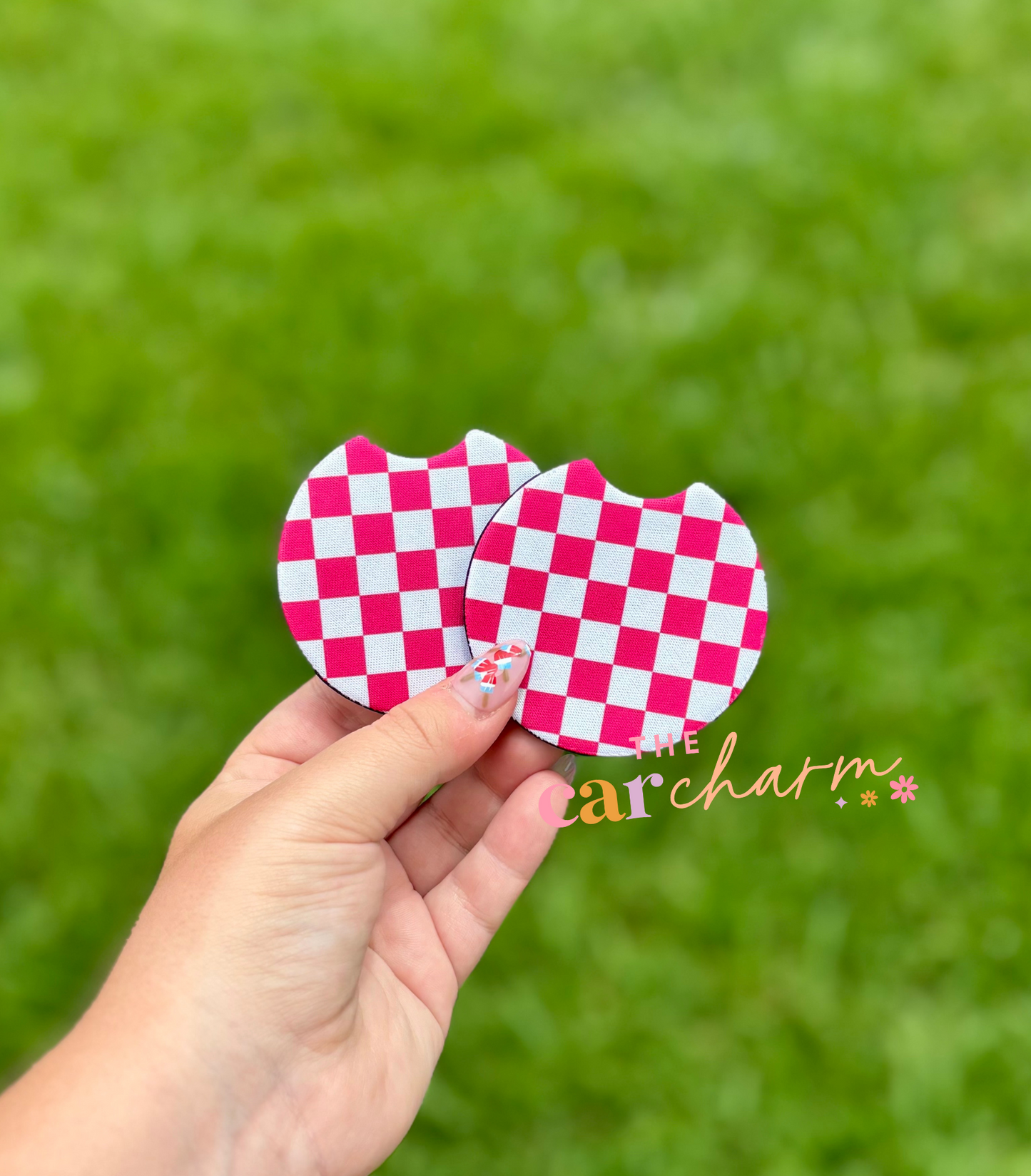 Hot Pink Checkered Car Coasters