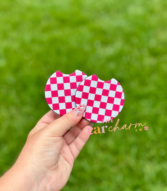 Hot Pink Checkered Car Coasters